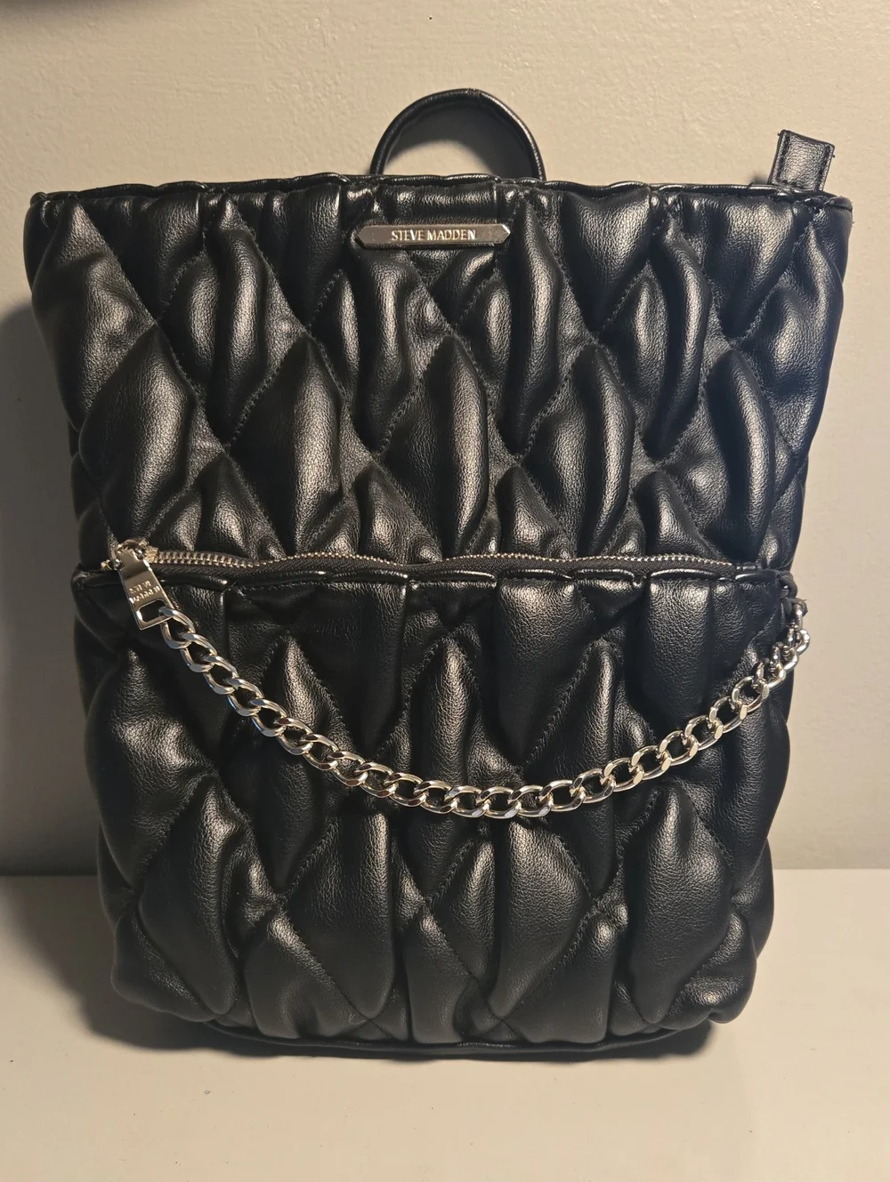 Steve Madden Black Quilted Backpack Chain-Accent Tote